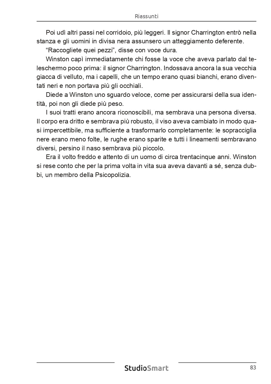 Riepilogo di un passaggio del romanzo "1984" di Orwell, evidenziando personaggi e dinamiche di potere.